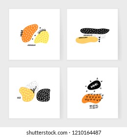 Vector set of cards with hand drawn abstract shapes. Spotted and textured figures. Unique design. Creative backgrounds. Freehand style. Invitation, postcard, cover, banner, tag, thank you messages