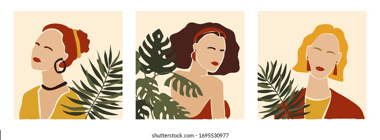 Vector set of cards with hand drawn abstract modern young women portrait silhouettes. Fashion minimal trendy female faces in paper cut mosaic flat style with palm leaves. Minimal art, poster print.