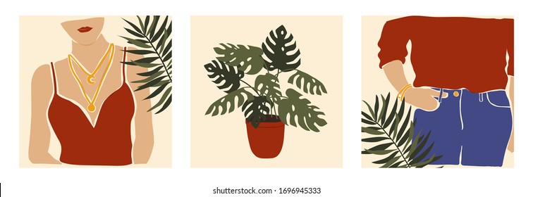 Vector set of cards with hand drawn abstract modern young women and monstera. Fashion minimal trendy girls in paper cut mosaic flat style with palm leaves. Minimal art, poster print.