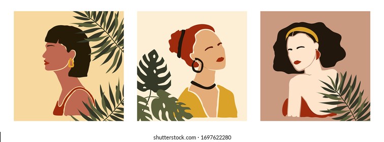 Vector set of cards with hand drawn abstract modern young women portrait silhouettes. Fashion minimal trendy female faces in paper cut mosaic flat style with palm leaves. Minimal art, poster print.