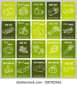 vector set of cards  with hand drawn vegetables