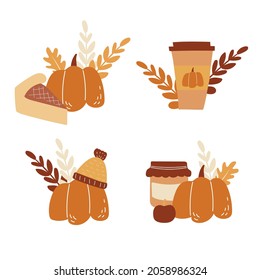 Vector set of cards with hand-drawn images of pumpkin food and coffee. For coffee shops, banners, postcards