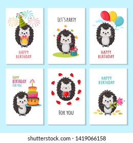 Vector set of cards Happy Birthday with cute cartoon hedgehog. Gift, salute, cake, heart, flowers, balloons, stars.
