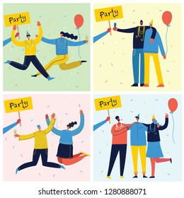 Vector set of cards with Happy group of people celebrating, jumping on the party. The concept of friendship, healthy lifestyle, success, celebrating, party. Female and Male flat characters 