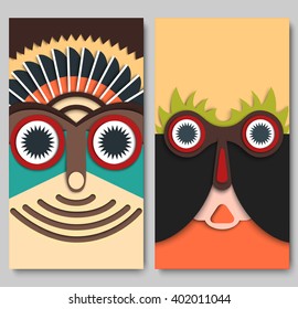 Vector set of cards in the human mask design: 1st-man with feathers on the head, 2nd-surprised man. Modern material design. For background, phone cover, mobile apps, banner, ads, card, gift tag, etc. 