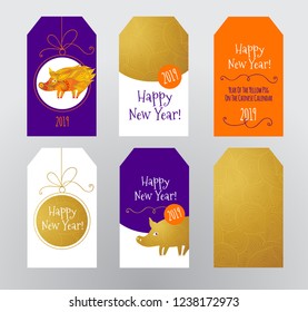 Vector set of cards with a illustration of Yellow Pig symbol of 2019 on the Chinese calendar, traditional pattern. Happy New Year. Element for New Year's design. Golden labels, tags, tickets.