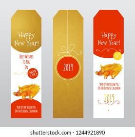 Vector set of cards with a illustration of Yellow Pig symbol of 2019 on the Chinese calendar, traditional pattern. Happy New Year. Element for New Year's design. Colorful labels, tags, tickets.