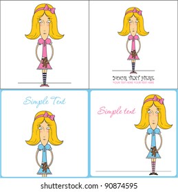 Vector set of cards with little doll girl and teddy bear.