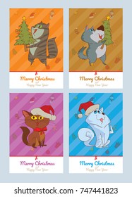 Vector set of cards "Merry Christmas and Happy New Year" with cartoon images of cute various Christmas cats and dogs smiling with different actions on a white background. Christmas, New Year, holiday.