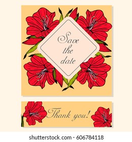 Vector set of cards with natural floral motifs with amaryllis flower frame for event invitation template, weddings and save the date stationery or any other holidays, celebrations and events