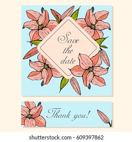 Vector set of cards with natural floral motifs with lily flower frame for event invitation template, weddings and save the date stationery or any other holidays, celebrations and events