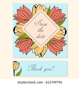 Vector set of cards with natural floral motifs with tulip flower frame for event invitation template, weddings and save the date stationery or any other holidays, celebrations and events