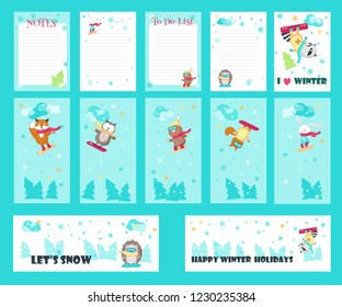 Vector set of cards, notepad sheets with cute animals snowboarders and winter quotations. Funny little raccoon fox squirrel bear hedgehog owl and rabbit having fun in winter.