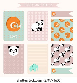 vector set of cards, notes. template for notebooks, diary. fox, panda, elephant 