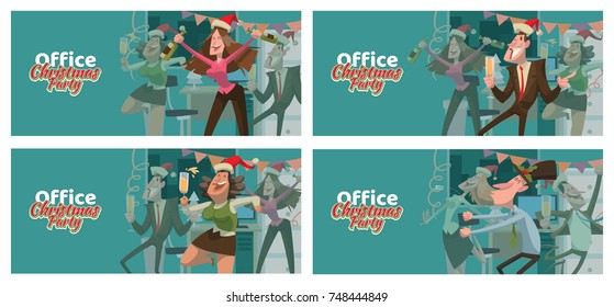 Vector set of cards "Office Christmas party" with cartoon images of dancing men and women in red Santa's hats with champagne in hands on a blue background. Corporate party, Christmas, New Year.