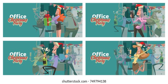 Vector set of cards "Office Christmas party" with four cartoon images of dancing men and women in red Santa's hats with champagne in hands on a blue background. Corporate party, Christmas, New Year.