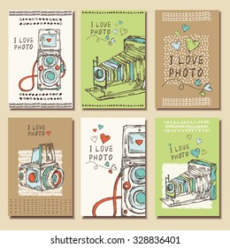 Vector set. Cards with old camera  .hand drawn