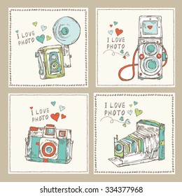 Vector set. Cards with old camera .hand drawn