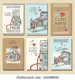 Vector set. Cards with old camera .hand drawn