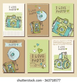 Vector set. Cards with old camera .hand drawn