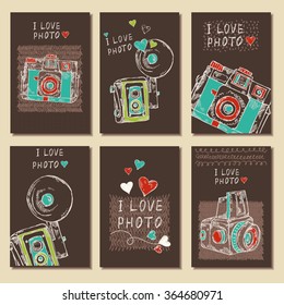 Vector set. Cards with old camera .hand drawn