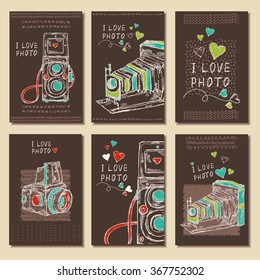Vector set. Cards with old camera .hand drawn