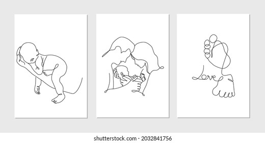 Vector set of cards in one line art style with family portret, perents witn new born baby, mother, father and baby, line art illustration