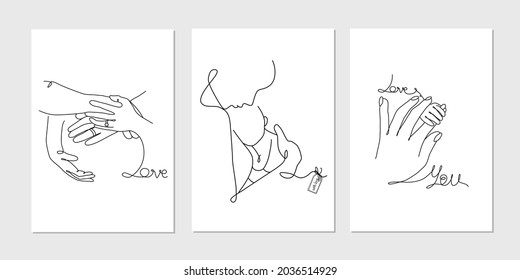 Vector set of cards in one line art style with mother witn new born baby on hands, pregnant belly line art illustration