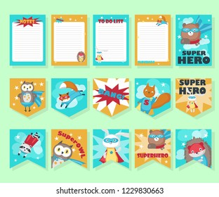 Vector set of cards, party flags, notepad sheets with cute superhero animals. Funny little raccoon fox bear hedgehog owl squirrel and rabbit in super hero costumes.