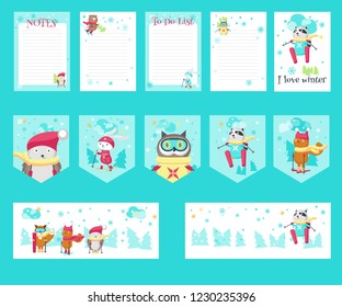 Vector set of cards, party flags, notepad sheets with cute animals enjoying skiing and winter quotations. Funny little raccoon fox squirrel and hedgehog having fun in winter.