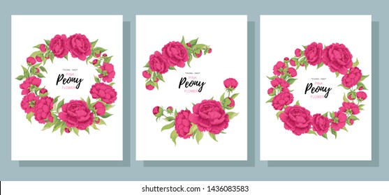 Vector set of cards peony flowers in a circle with text on white. Collection for floral and wedding decoration seasonal sales invitation design celebration birthday party banners posters.
