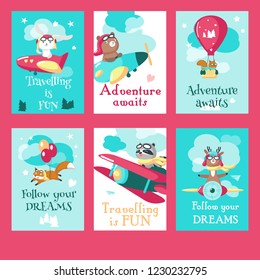 Vector set of cards with pilot animals and inspirational quotations about traveling. Cute raccoon fox squirrel bear deer and rabbit flying on airplane, hot air balloon, biplane and balloons.