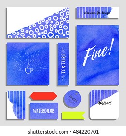 Vector set of cards, postcards and tags for design. Background with watercolor backdrop. Inscription Fine. Hand drawing. Realistic shadows.