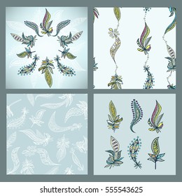 Vector set of cards, seamless pattern, frame with feathers. Design elements for cards, prints, invitations, quotes, posters and more.