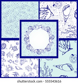 Vector set of cards, seamless patterns, frame with sea shells and fishes. Design elements for cards, prints, invitations, quotes, posters and more.