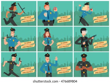 Vector set of cards with silhouettes of buildings and with cartoon images of police men and women in police uniform, in different poses on a green background. Inscription "To Serve and Protect". 