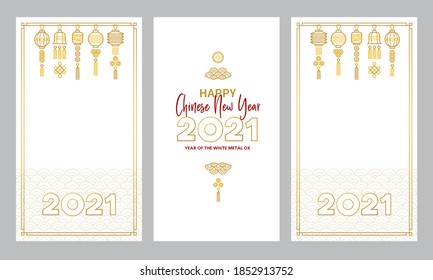 Vector set with cards, social media templates with a illustration of the Ox Zodiac sign, Symbol of 2021 on the Chinese calendar. White Metal Ox, Bull, Chine pattern. Place for text. Chinese backdrop