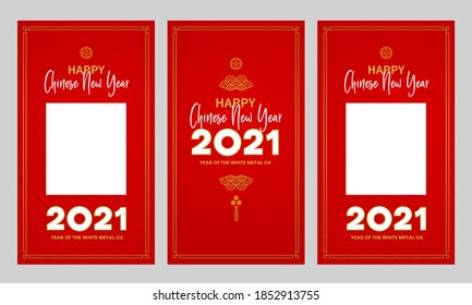 Vector set with cards, social media templates with a illustration of the Ox Zodiac sign, Symbol of 2021 on the Chinese calendar. White Metal Ox, Bull, Chine pattern. Place for text. Chinese backdrop