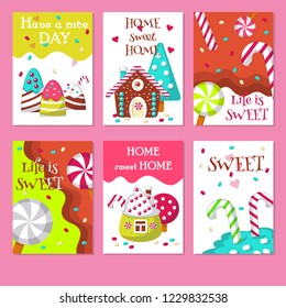Vector set of cards with sweet candies and inspirational quotations about life and home. Sweets, lollipops, candy canes, sweet houses.