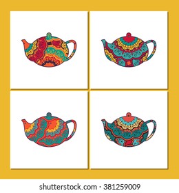 Vector set of cards or tea  package with ornamental orient teapots. Oriental indian style. Hand-drawn patterns with round elements.