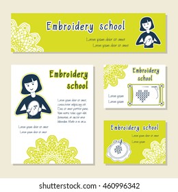 Vector set of cards template for embroidery school, handmade shop. Flat icon embroidering girl. Set of template for business card, information banner, poster, magazine, presentation, logo.