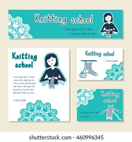 Vector set of cards template for knitting school, yarn shop. Flat icon knitter girl. Set of template for business card, information banner, poster, magazine, presentation, logo, web site.