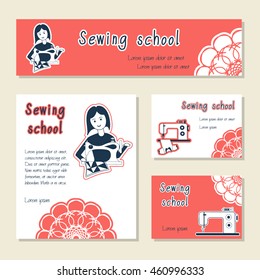 Vector set of cards template for sewing school, tailor shop, shop sewing machines. Flat icon sewing girl seamstress. Set of template for business card, banner, poster, magazine, presentation, logo.