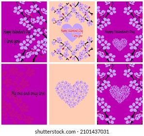 Vector set of cards for valentine's day. Collection with sakura flowers. Romantic collection for your design.
