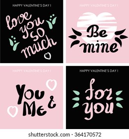 vector set of cards for Valentine's day or wedding. Handwritten text, hand brush lettering. 