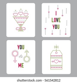 Vector set of cards for Valentines Day, thin line illustration. Colored pictograms, isolated symbols. Printable templates for romantic events. Simple mono linear modern design.