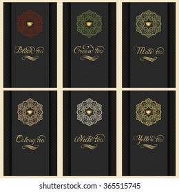 Vector set of cards with a variety of tea. Invitation or gift card with elegant typography and cup of tea in monogram element.  Elegant tea label or cover.