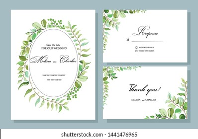 Vector set of cards for wedding invitations. Green plants: leaves green branches field grass. Template for greeting card, decorative pattern frame. All elements are isolated. Vector illustration.