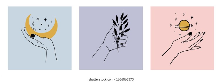 Vector set of cards of women's hands holding planet, moon, stars and plants. Trendy linear and minimal boho tattoo style for logo, emblem, t-shirt fashion print, sticker, skin care, cosmetics branding