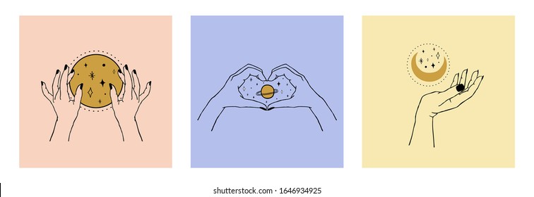 Vector set of cards of women's hands holding planet, moon, stars. Trendy linear and minimal boho tattoo style for logo, emblem, fashion print, sticker, skin care, cosmetics branding